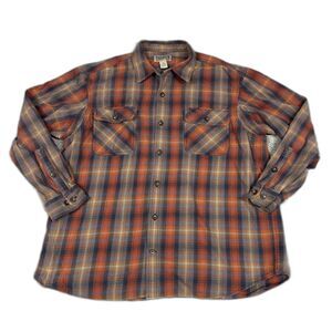 Duluth Trading Shirt Mens 2XL Flannel Relaxed Fit Plaid Orange Navy Gold Cotton